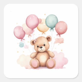 Schattigee Waterverf Baby showers ballonnen teddyb Vierkante Sticker