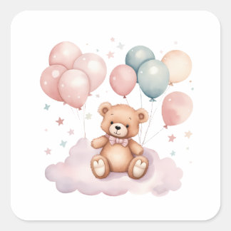 Schattigee Waterverf Ballonnen Teddy Bear op Cloud Vierkante Sticker