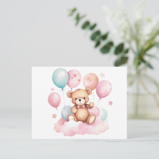 Schattigee Waterverf Balloon Teddy Bear op Roze Wo Briefkaart (Staand voorkant)