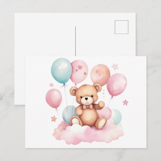 Schattigee Waterverf Balloon Teddy Bear op Roze Wo Briefkaart (Voorkant / Achterkant)