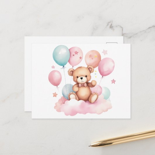 Schattigee Waterverf Balloon Teddy Bear op Roze Wo Briefkaart (Voorkant / Achterkant in situ)