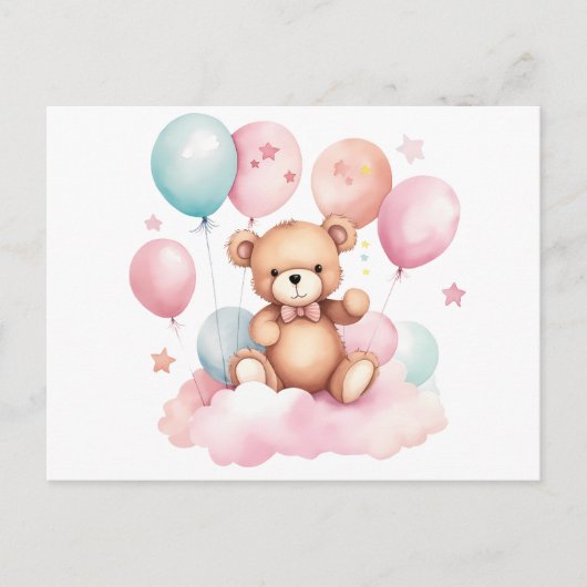 Schattigee Waterverf Balloon Teddy Bear op Roze Wo Briefkaart (Voorkant)