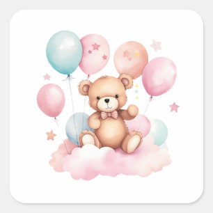 Schattigee Waterverf Balloon Teddy Bear op Roze Wo Vierkante Sticker