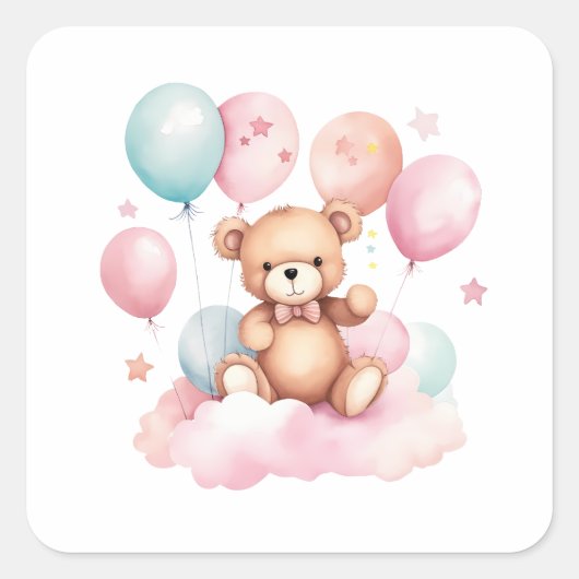 Schattigee Waterverf Balloon Teddy Bear op Roze Wo Vierkante Sticker (Voorkant)