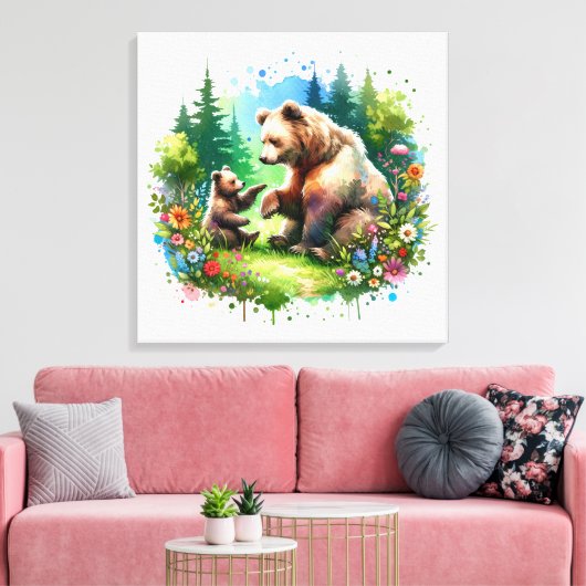 Schattigee Waterverf Beer en Cub Canvas Afdruk (Insitu (Woonkamer))