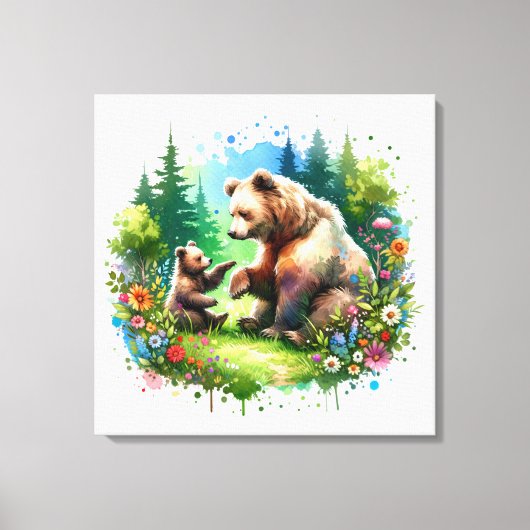 Schattigee Waterverf Beer en Cub Canvas Afdruk (Voorkant)