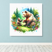 Schattigee Waterverf Beer en Cub Canvas Afdruk (Insitu (Houten vloer))