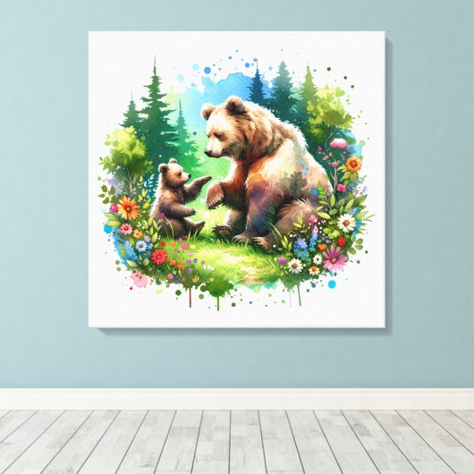 Schattigee Waterverf Beer en Cub Canvas Afdruk (Insitu (Houten vloer))