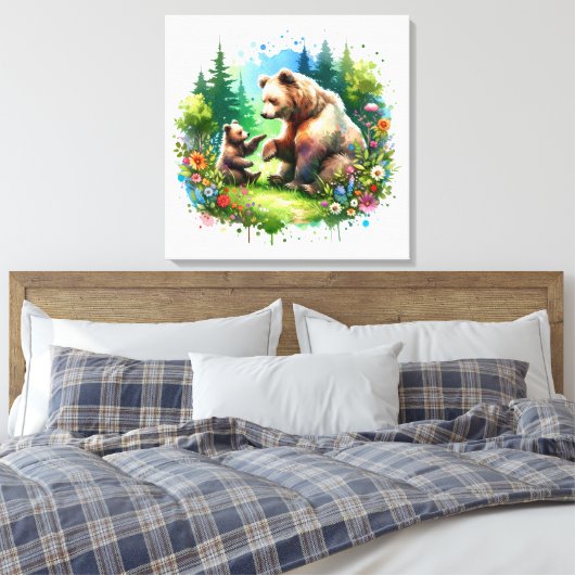 Schattigee Waterverf Beer en Cub Canvas Afdruk (Insitu (Slaapkamer))