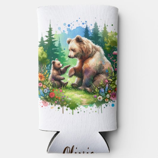 Schattigee Waterverf Beer en Cub gepersonaliseerd Seltzer Blikjeskoeler (Voorkant)