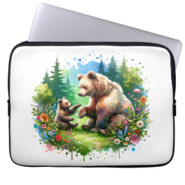 Schattigee Waterverf Beer en Cub Laptop Sleeve