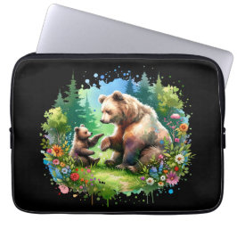 Schattigee Waterverf Beer en Cub Laptop Sleeve