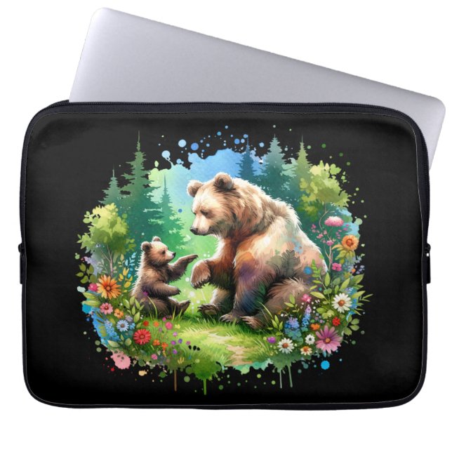 Schattigee Waterverf Beer en Cub Laptop Sleeve (Voorkant)