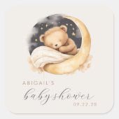 Schattigee Waterverf Beer en Maan Baby shower Vierkante Sticker (Voorkant)