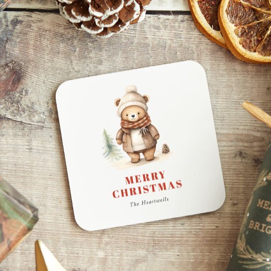 Schattigee Waterverf Beer Vrolijk Kerstfeest Kartonnen Onderzetters