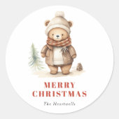 Schattigee Waterverf Beer Vrolijk Kerstfeest Ronde Sticker (Voorkant)