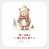 Schattigee Waterverf Beer Vrolijk Kerstfeest Vierkante Sticker (Voorkant)