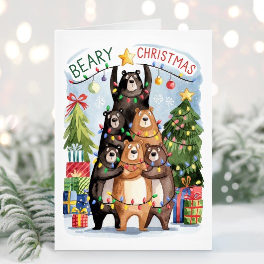 Schattigee Waterverf Beren Beary Christmas Kaart