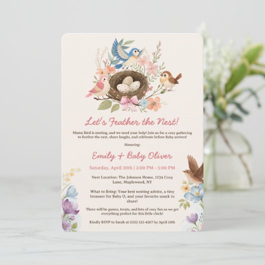 Schattigee Waterverf Bird Nesting Party Baby showe Kaart (Staand voorkant)