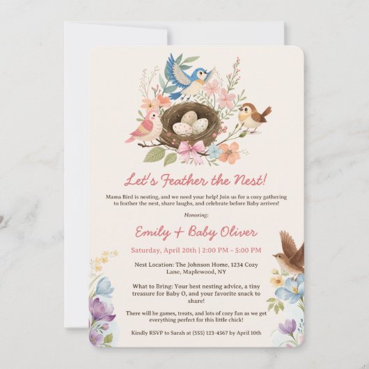 Schattigee Waterverf Bird Nesting Party Baby showe Kaart (Voorkant)
