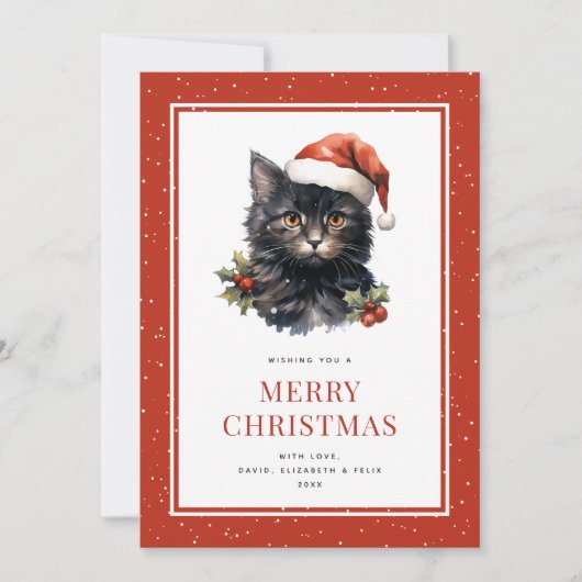 Schattigee Waterverf Black Cat Merry Christmas Kaa Feestdagenkaart (Voorkant)
