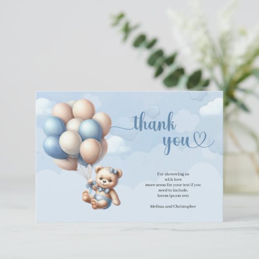 Schattigee waterverf blauw en bruin teddybeer ball bedankkaart (Staand voorkant)