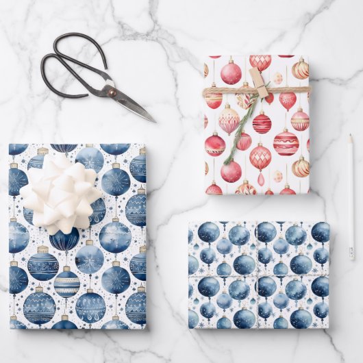 Schattigee Waterverf Blauw & Roze Kerstdecoraties Inpakpapier Vel (Voorkant)