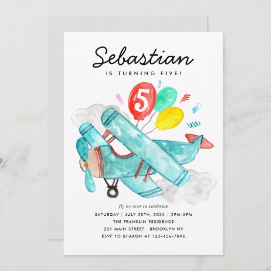 Schattigee Waterverf Blauwe Vliegtuigballonnen Kin Kaart (Voorkant / Achterkant)