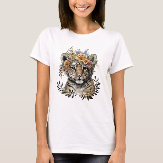 Schattigee Waterverf Bloemen Baby Tijger T-shirt (Voorkant)