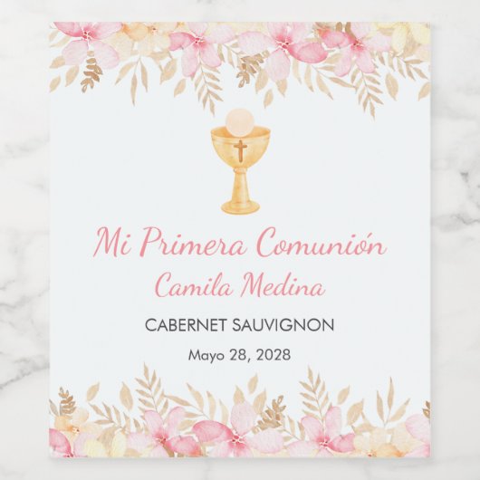 Schattigee Waterverf Bloemen Eerste heilige Commun Wijn Etiket (Enkel label)