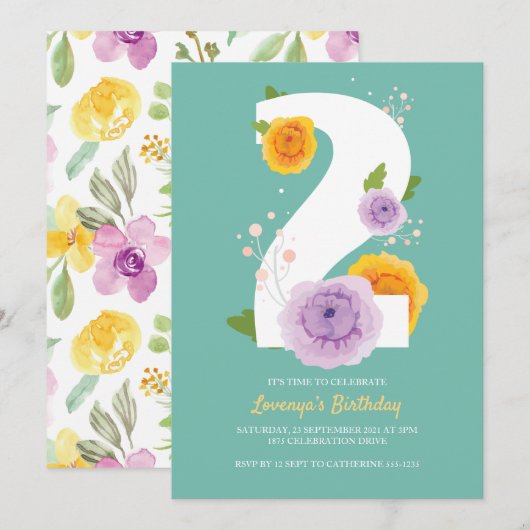 Schattigee Waterverf Bloemen Kinder 2e Verjaardags Save The Date (Voorkant / Achterkant)