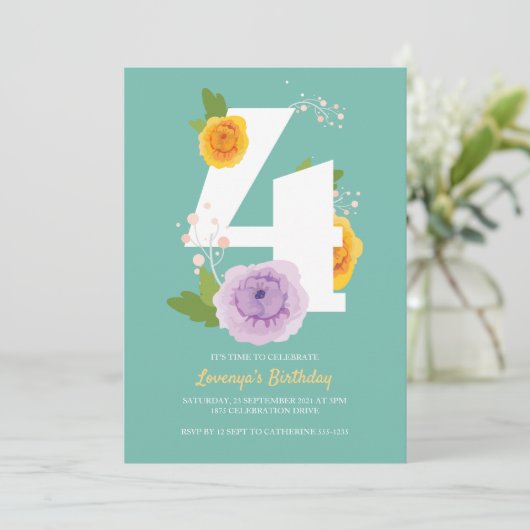 Schattigee Waterverf Bloemen Kinder 4e Verjaardags Save The Date (Staand voorkant)