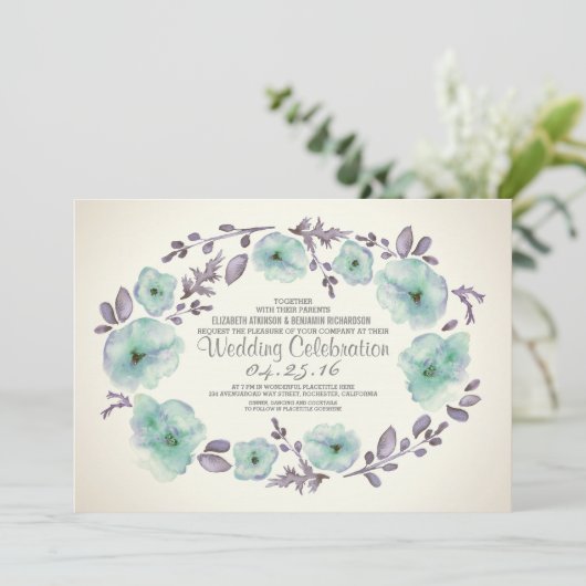 Schattigee waterverf bloemen krans bruiloft uitnod kaart (Staand voorkant)