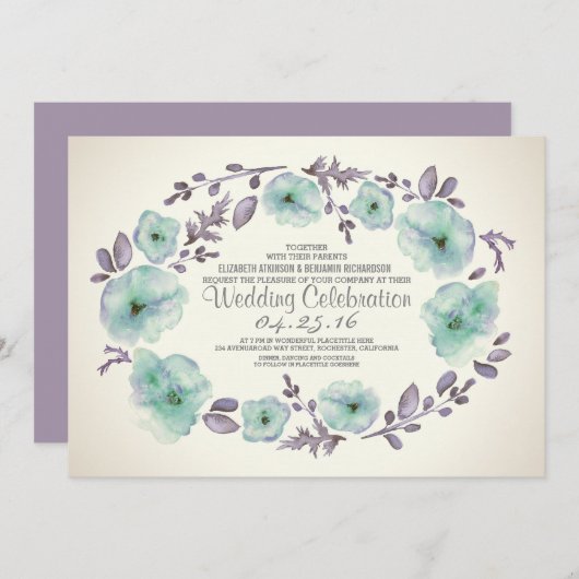 Schattigee waterverf bloemen krans bruiloft uitnod kaart (Voorkant / Achterkant)