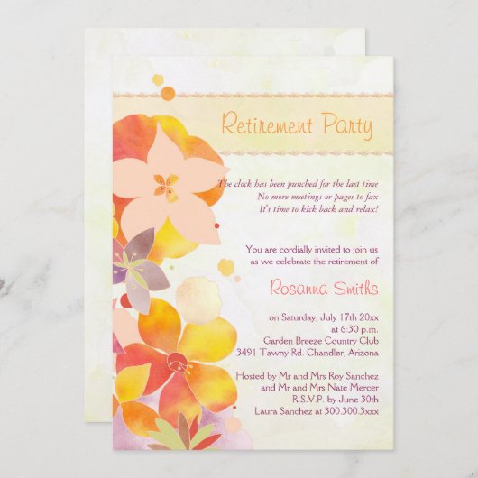 Schattigee Waterverf Bloemen Retirement Party Kaart (Voorkant / Achterkant)