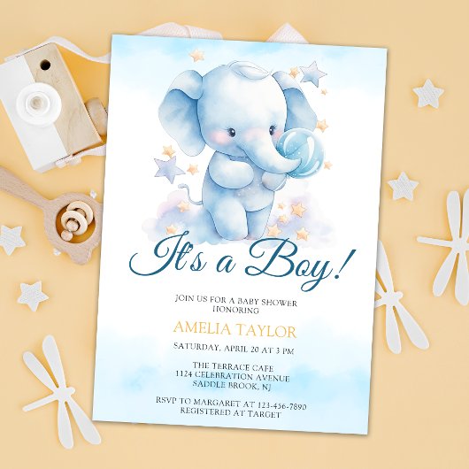 Schattigee Waterverf Blue Elephant Boy Baby shower Kaart