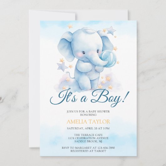 Schattigee Waterverf Blue Elephant Boy Baby shower Kaart (Voorkant)