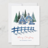 Schattigee Waterverf Blue House Trees Car Christma Feestdagenkaart (Voorkant)
