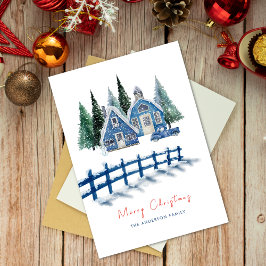 Schattigee Waterverf Blue House Trees Car Christma Feestdagenkaart