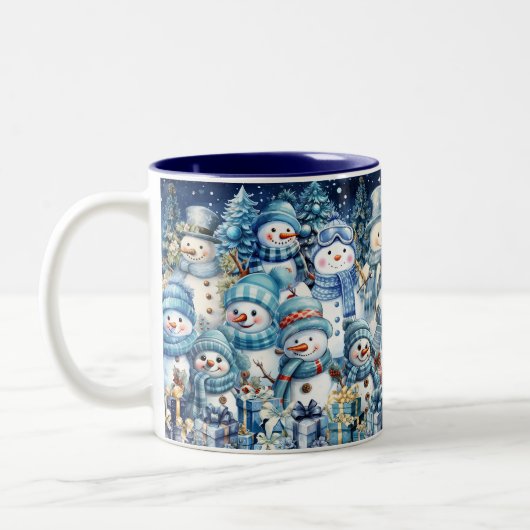 Schattigee Waterverf Blue Snowman familie Tweekleurige Koffiemok (Links)