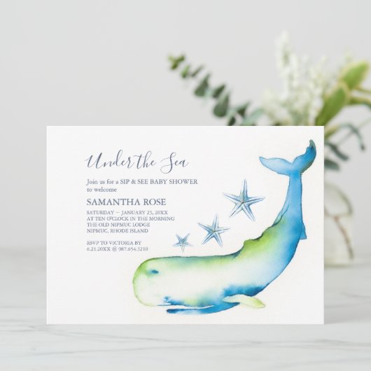 Schattigee Waterverf Blue Whale Sip and See Baby s Kaart (Staand voorkant)