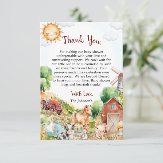 Schattigee Waterverf Boerderij Baby shower Bedankkaart (Staand voorkant)