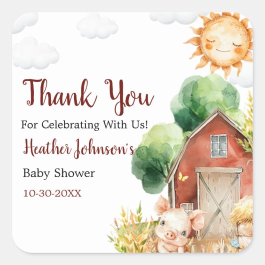Schattigee Waterverf Boerderij Baby shower Vierkante Sticker (Voorkant)
