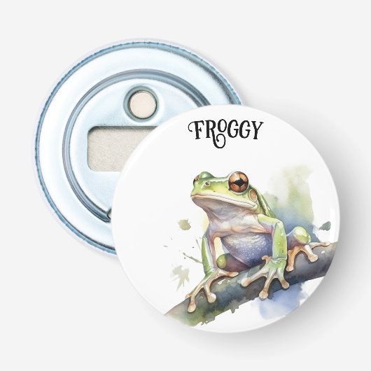 Schattigee Waterverf Boomkikker, aangepast Button Flesopener (Voorkant)
