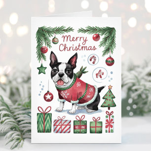 Schattigee Waterverf Boston Terrier Christmas Kaar Feestdagen Kaart