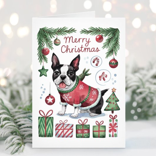 Schattigee Waterverf Boston Terrier Christmas Kaar Feestdagen Kaart