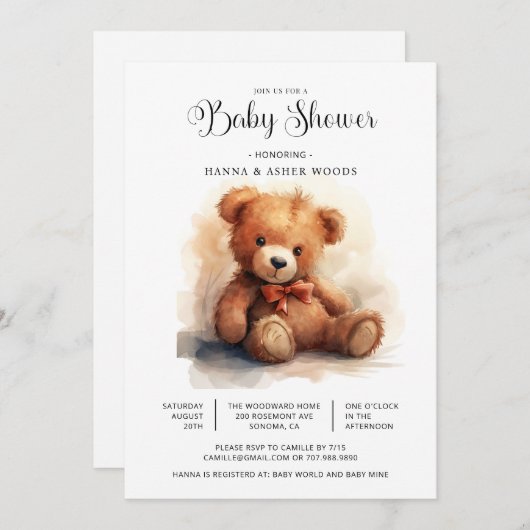 Schattigee Waterverf Bowtie Teddy Bear Baby shower Kaart (Voorkant / Achterkant)