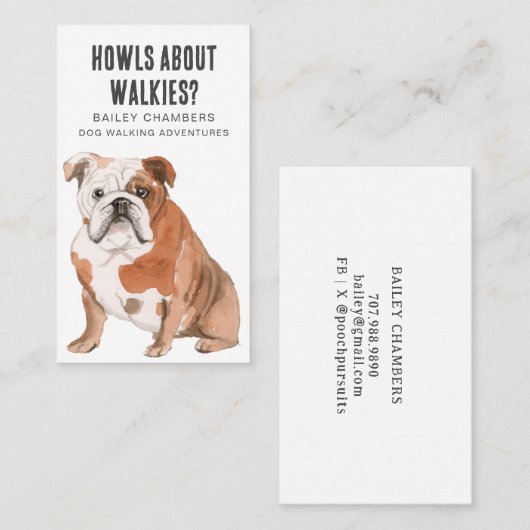 Schattigee Waterverf Bull Dog Walker Visitekaartje (Voorkant / Achterkant)