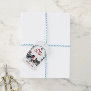 Schattigee Waterverf Bullfinches Krans en Vogels Cadeaulabel