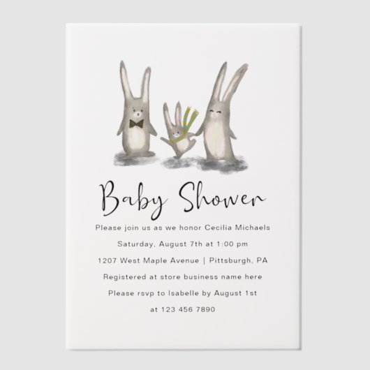 Schattigee Waterverf Bunnies Baby shower Vellum Uitnodigingen (Voorkant)